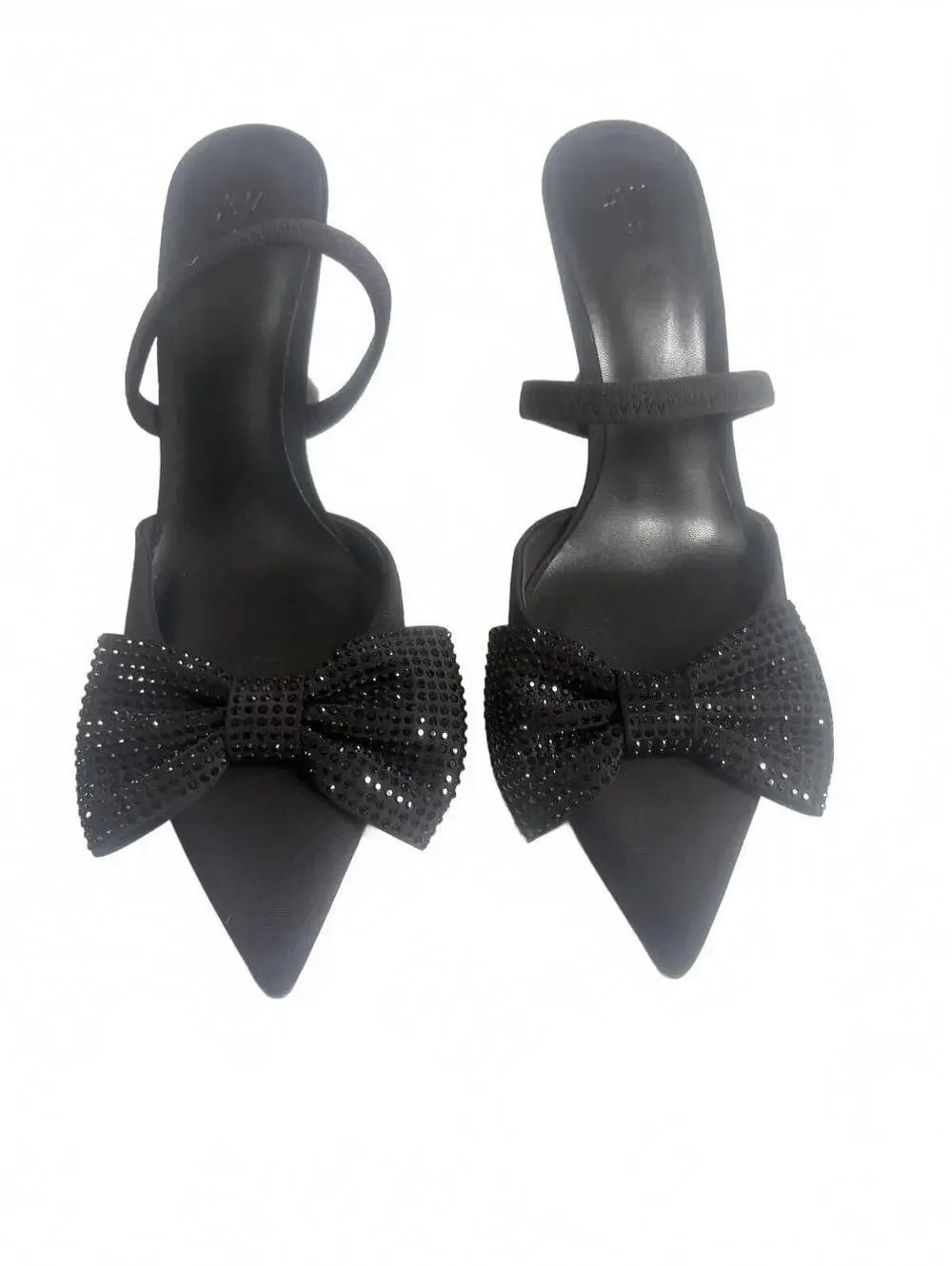 H&M | Black Pointy Toe‎ Rhinestone Bow Round Kitten Heels w/ Strap Size 8